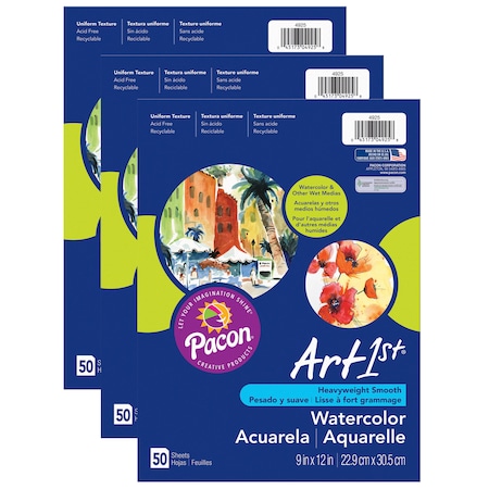 Pacon Art1st Watercolor Paper, White, 9 x 12, 50 Sheets Per Pack, PK3 4925